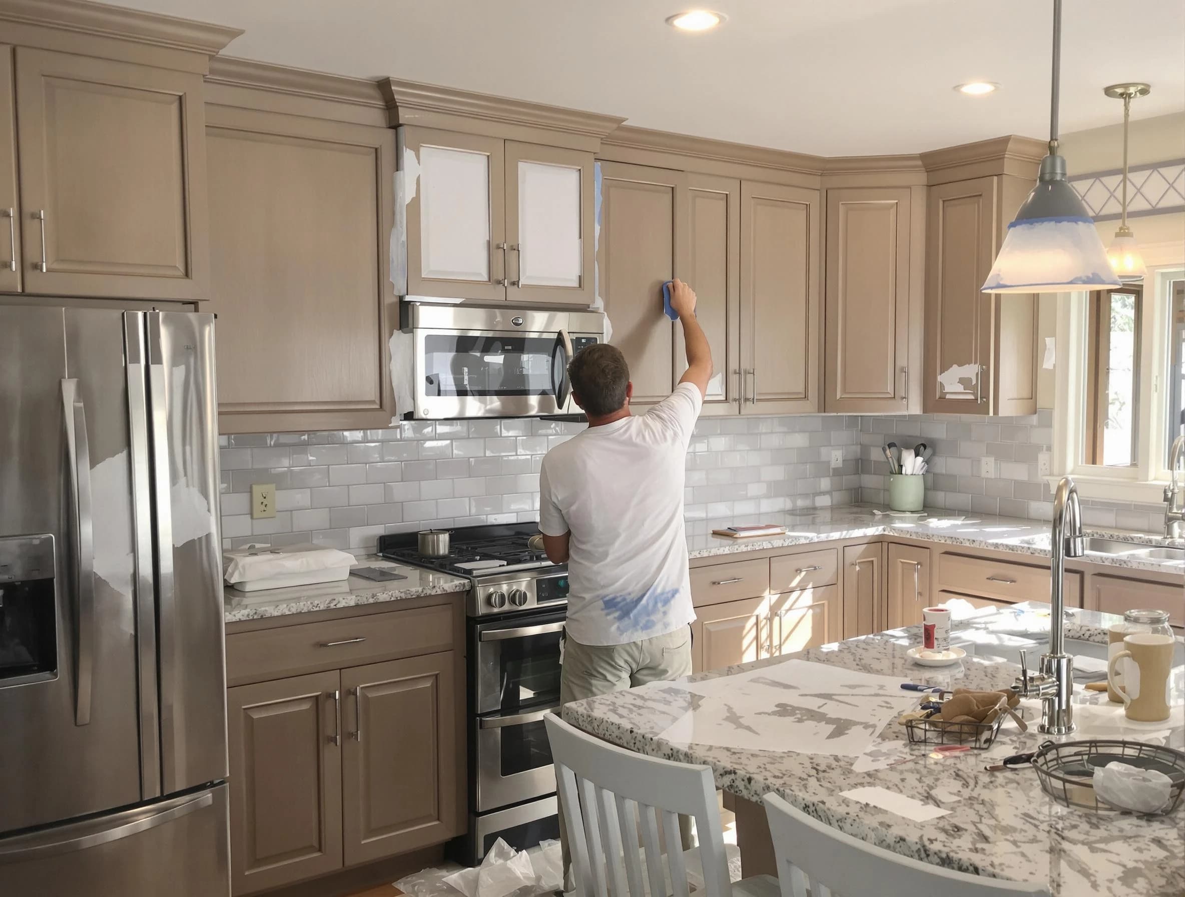 Before-and-after view of kitchen painting by Parma House Painters in Parma